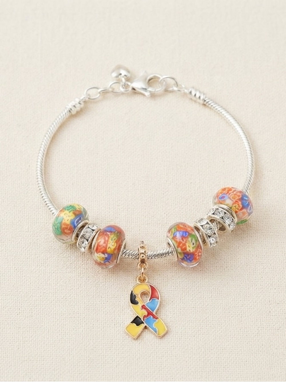 Silver Autism Support Bracelet with Multicolor Beads  Charm & Gift Bag